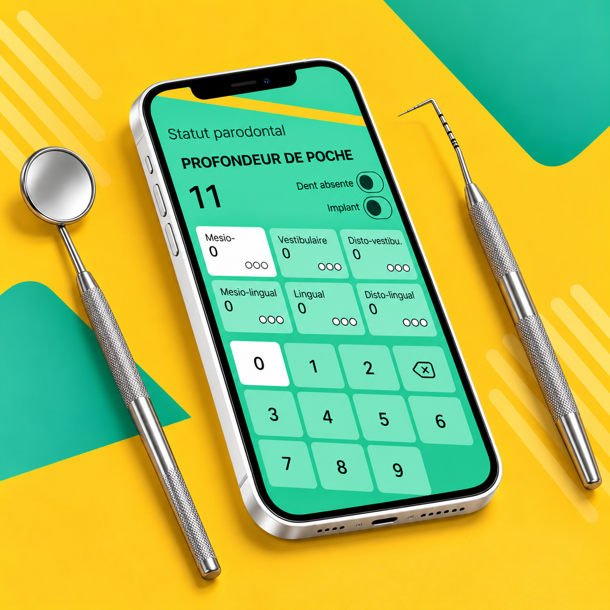 Parofirst sur smartphone accompagné d’un miroir dentaire et d’une sonde parodontale